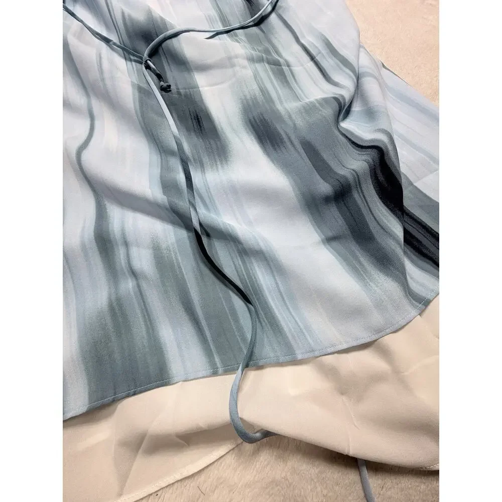 T Tahari Tie Dye Dress M NWT Light Blue Watercolor V-Neck Sleeveless Chiffon